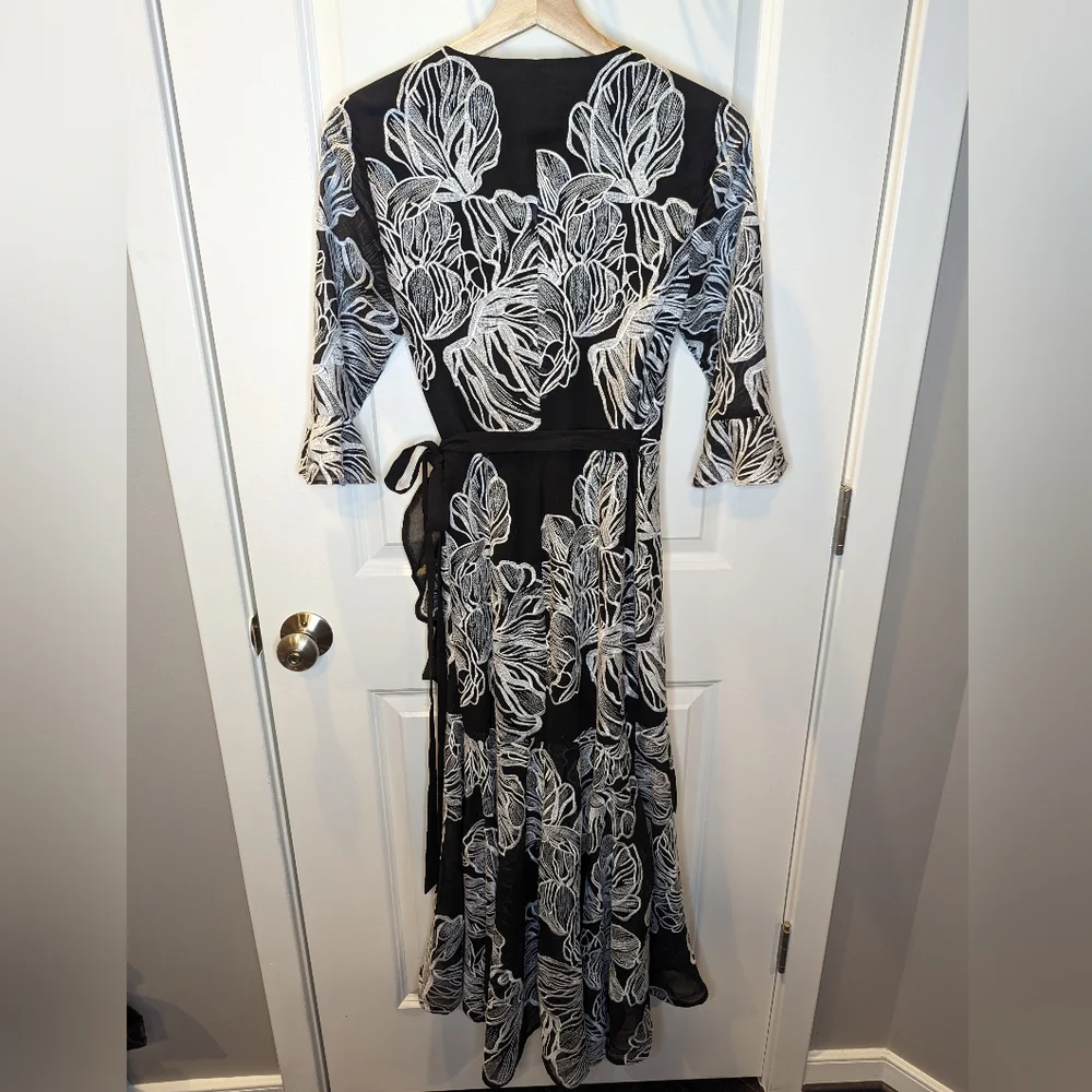 Dress the Population Ophelia Black White Floral Ruffle Midi Wrap Dress Small - Picture 4 of 7